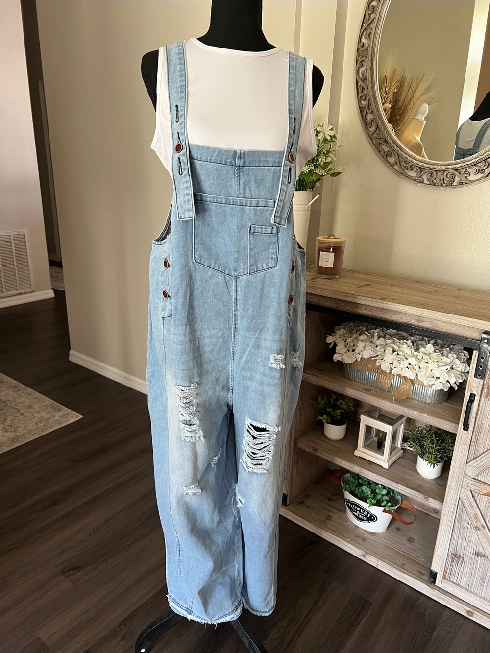 Amazon Light Blue Distressed Denim Women's Overalls